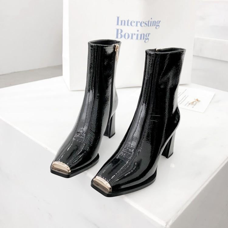 Women New Style Ankle Boots Ladies Square Toe High Heels Side Zipper Black White Thick Heel Patent Leather Winter Booties