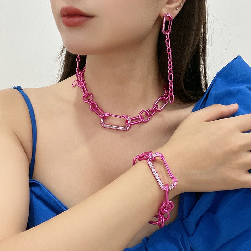 Kenjay Digital Color Thick Chain Fushica Pink Chunky Chain Earrings Necklace Bracelet Set