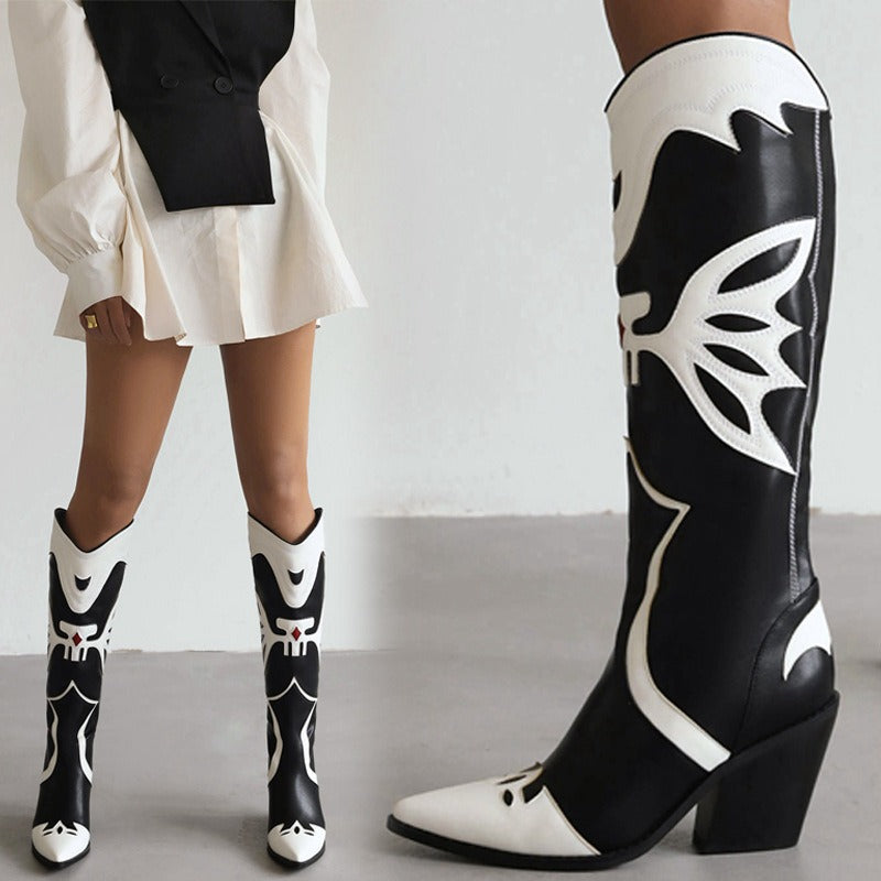 Western Cowboy Women's Knee High Boots Pointed Toe Crude Heel Slip On Female Embroidered Party Long Boots Women Shoes