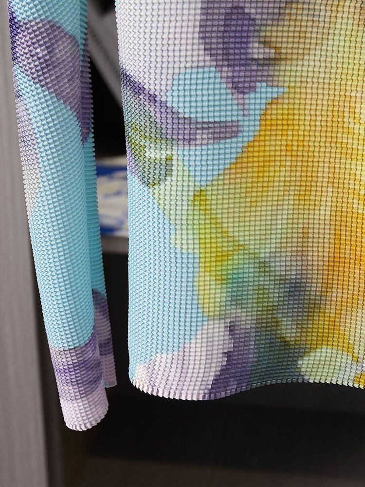Women 2 Pieces Set Pleated Printing Half High Collar Tops And Elastic Waist Spliced Folid Skirts Spring