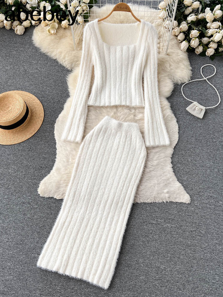 Women Gentle Knitted Two Pieces Suits Soft Sweater Short Top+High Waist Midi Long Skirt Suits Elastic Slim Winter Sets
