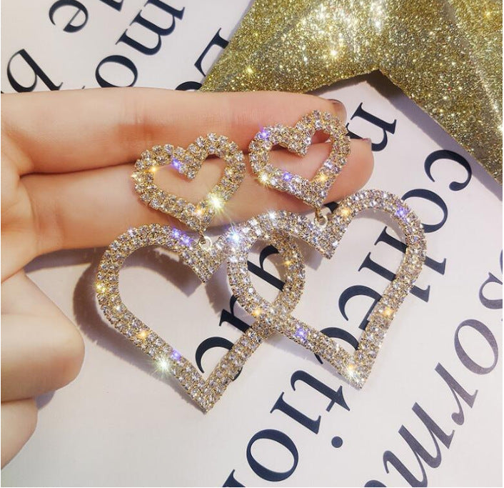 S925 Silver Needle Stud  Fashion Exaggerated Diamond Double Heart Earrings Temperament Versatile Long Peach Heart Earrings Women