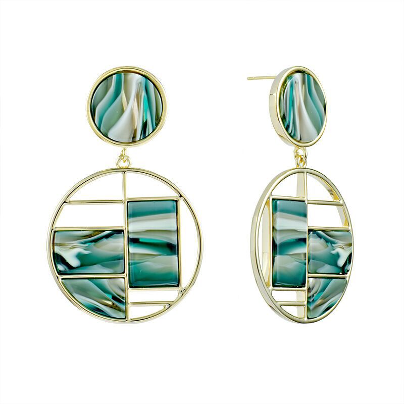 High sense of retro green geometric stitching earrings female niche design sense of atmospheric exaggerated earrings new