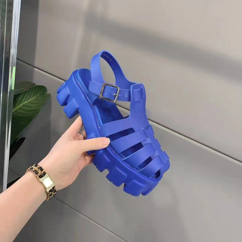 Flat Thick Sole Plastic Beach Sandals Women Round Toe Ankle Buckle Platform Sandalias