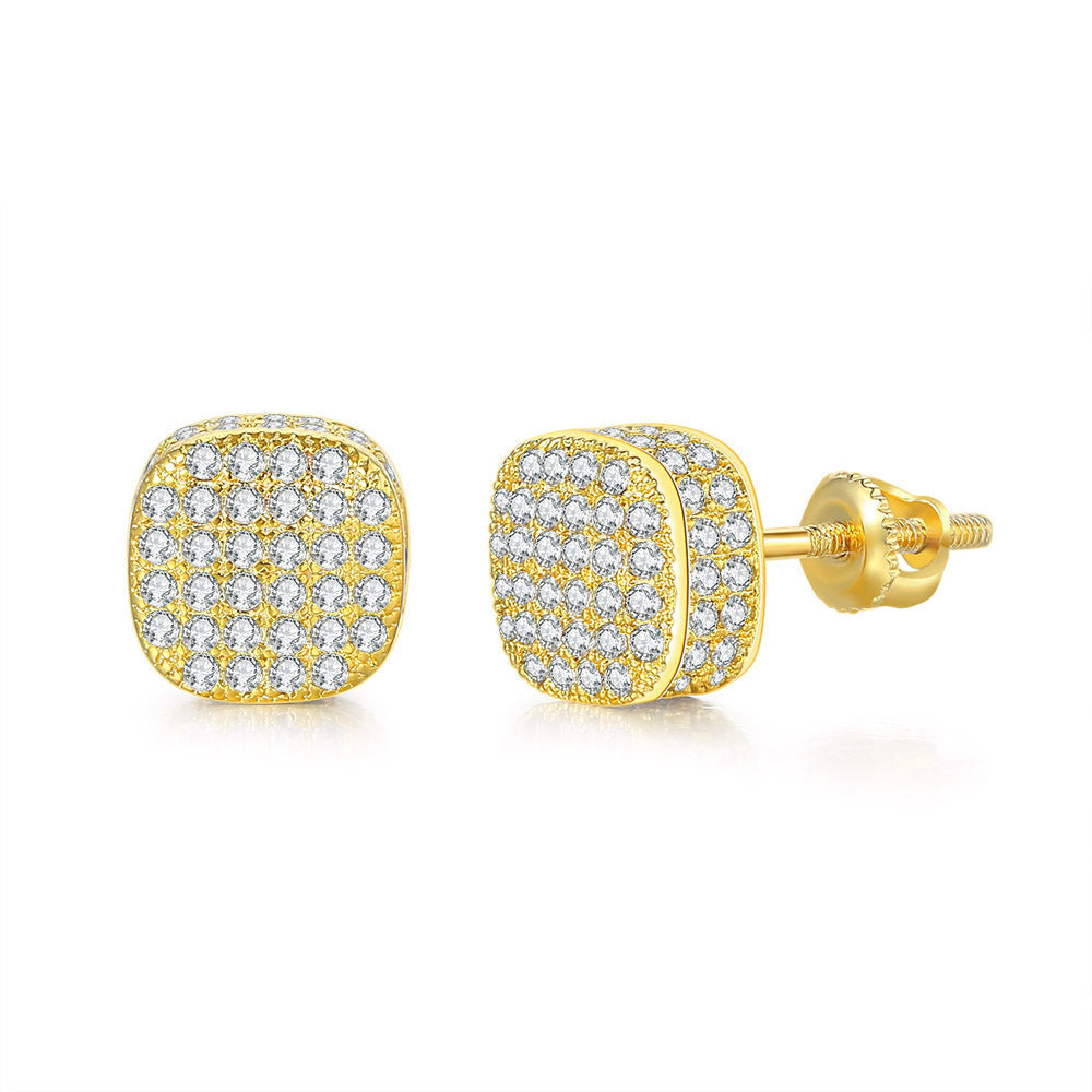 Hip Hop Style Full Zircon Threaded Earrings Men's And Women's Geometric Round Full Diamond Gold-Plated Earrings Hiphop Fashion Jewelry