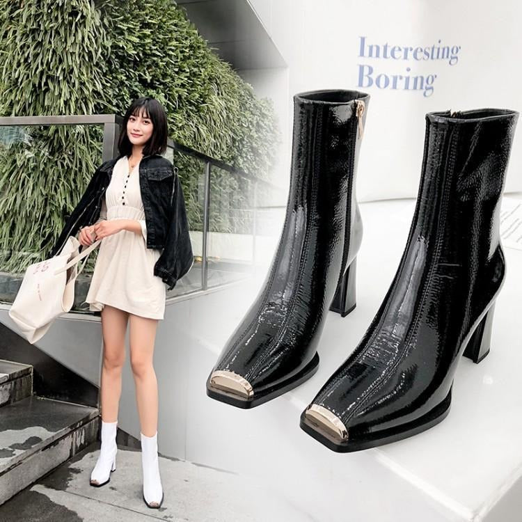 Women New Style Ankle Boots Ladies Square Toe High Heels Side Zipper Black White Thick Heel Patent Leather Winter Booties