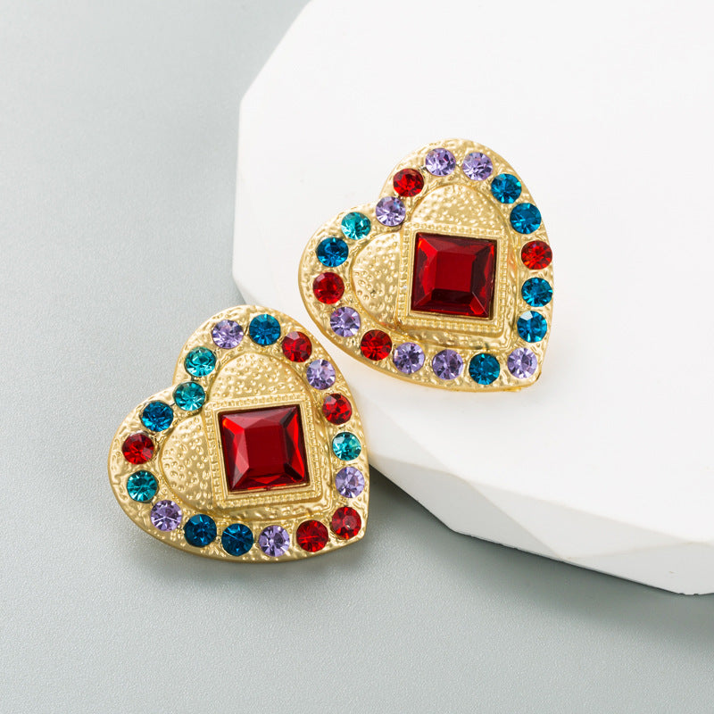 Ins Fashion Heart shaped Earrings Women's Alloy Studs with Color Rhinestones High quality Earrings