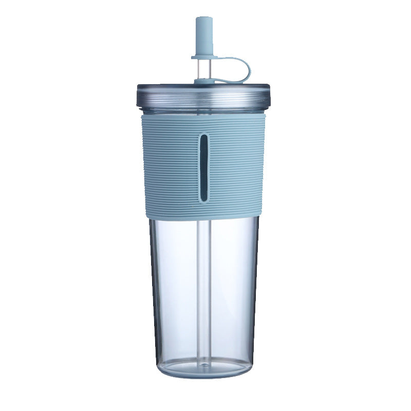Layer Transparent Straw Cup 700Ml Large Capacity Silicone Cover Juice Cup Fashionable And Simple Straw Cup