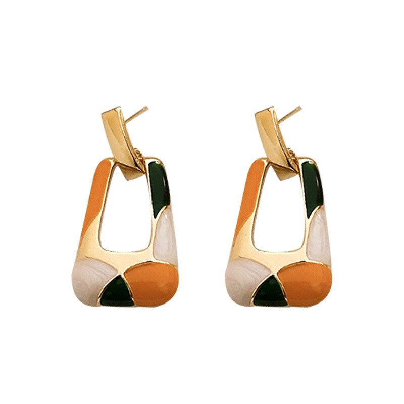 Minar Trapezoid Colorful Enamel Earring for Women Hollow Geometric Long Dangle Earrings Korean Style Party Jewelry