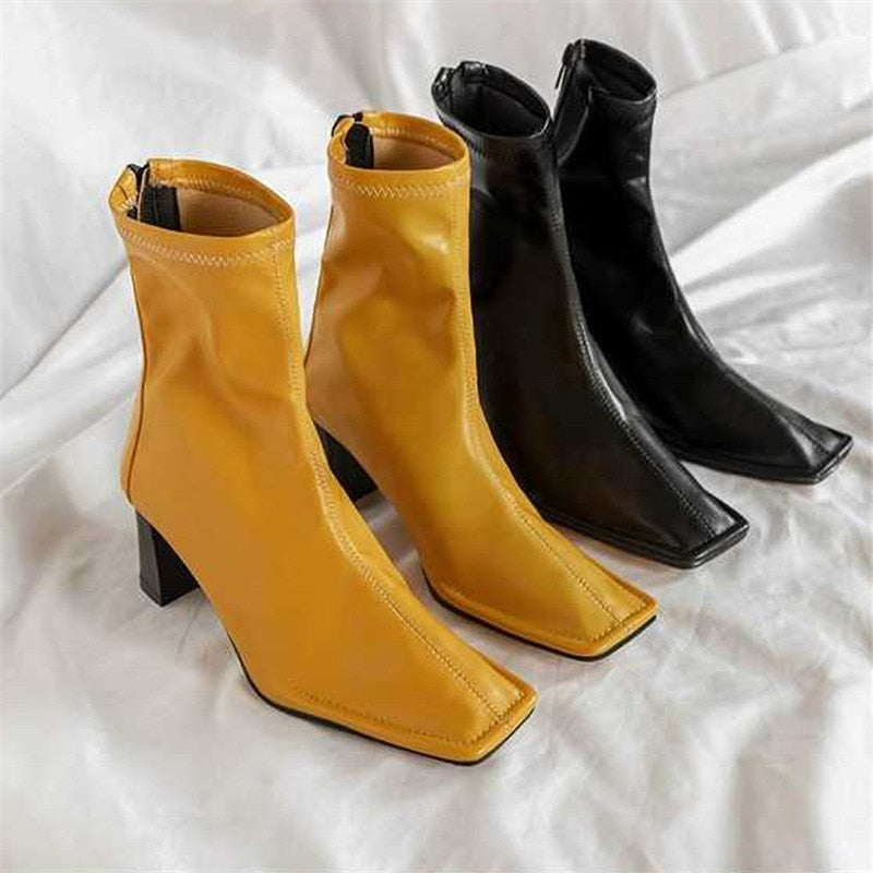 Yellow Square Toe Women Ankle Boots Chunky High Heel Elastic Boot Female Slim Fit Sock Boots Fashion