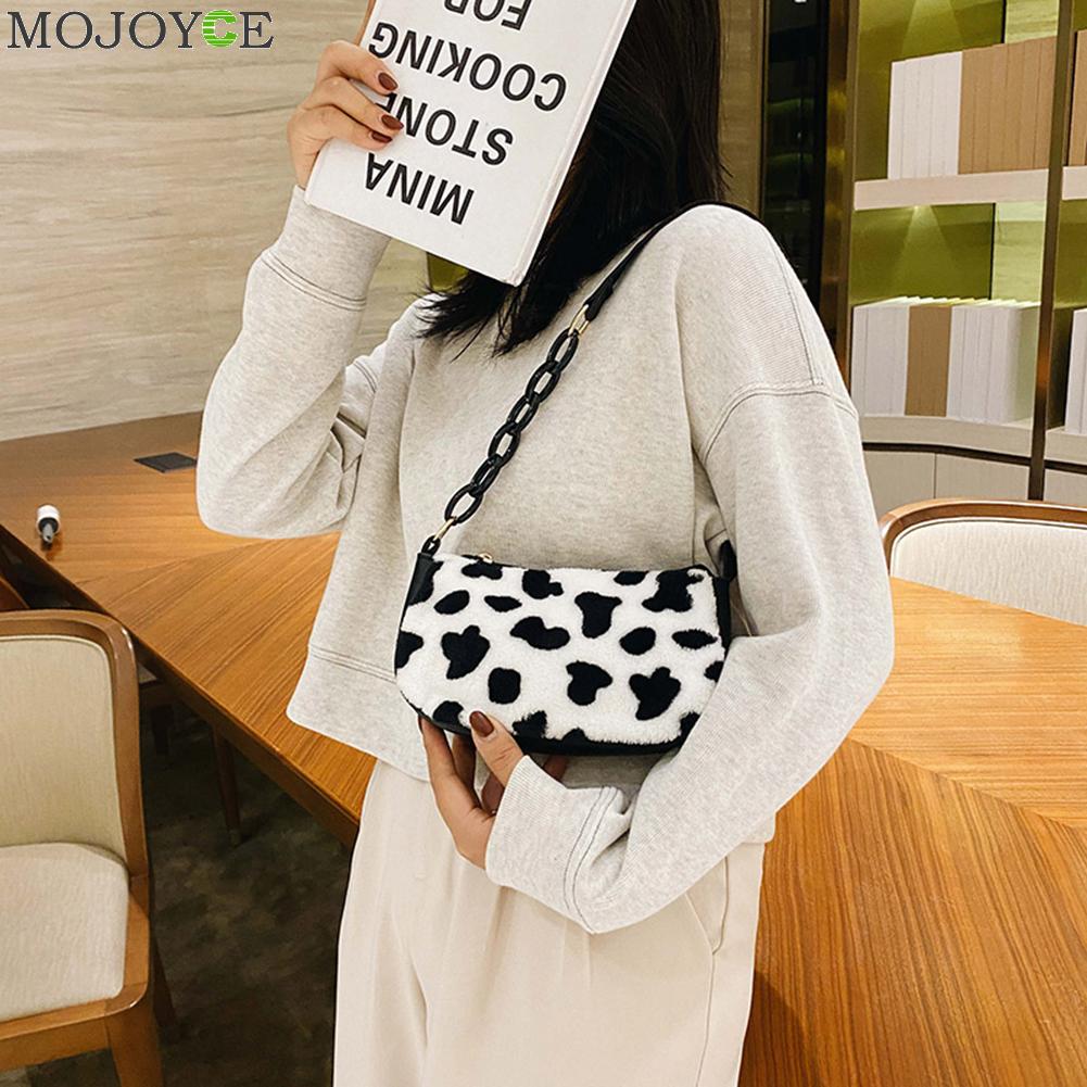 Cow Milk Print Handbag Totes Women Plush PU Leather Chain
