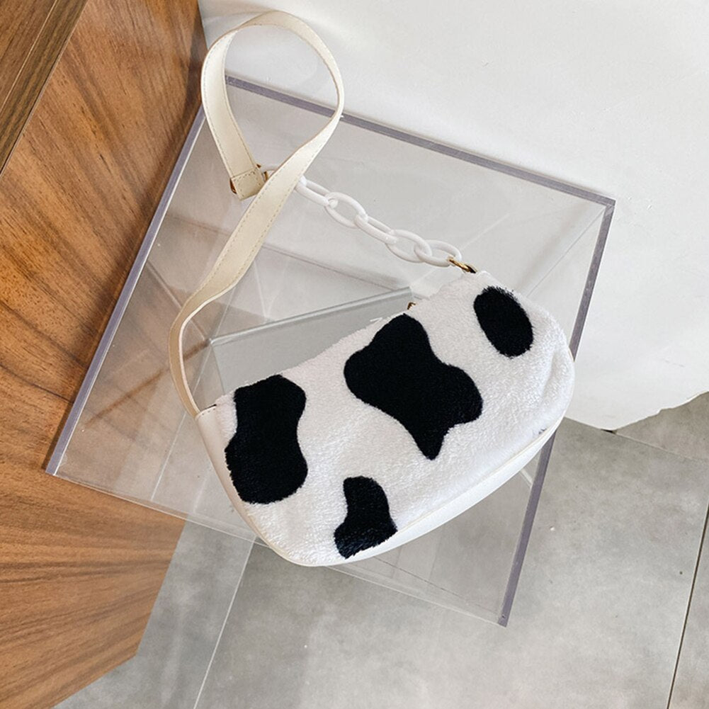 Cow Milk Print Handbag Totes Women Plush PU Leather Chain