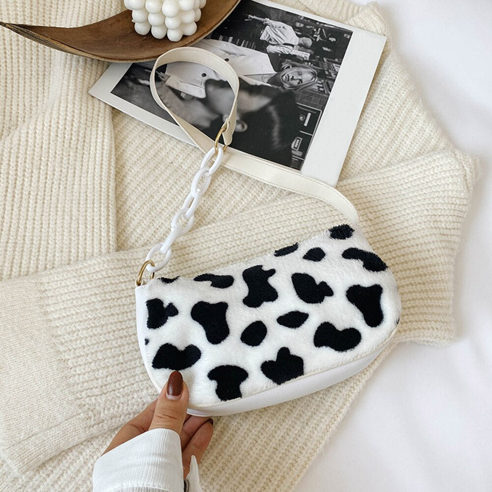 Cow Milk Print Handbag Totes Women Plush PU Leather Chain