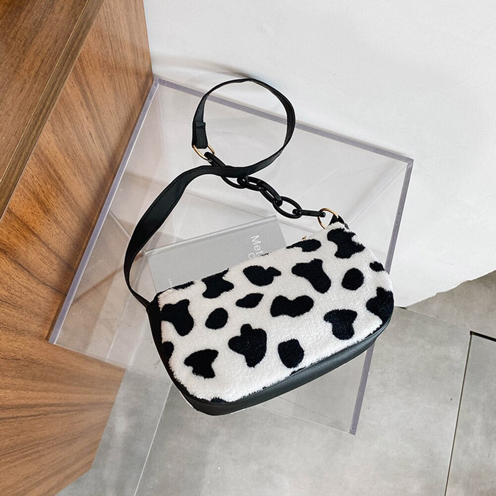 Cow Milk Print Handbag Totes Women Plush PU Leather Chain