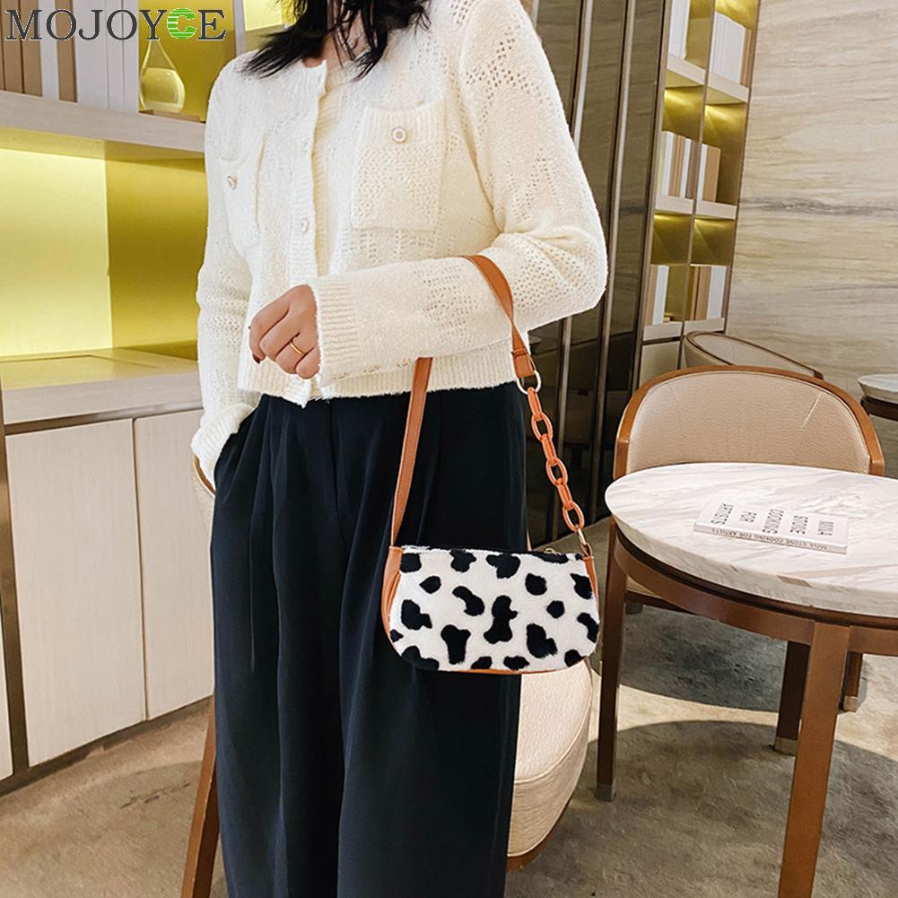 Cow Milk Print Handbag Totes Women Plush PU Leather Chain