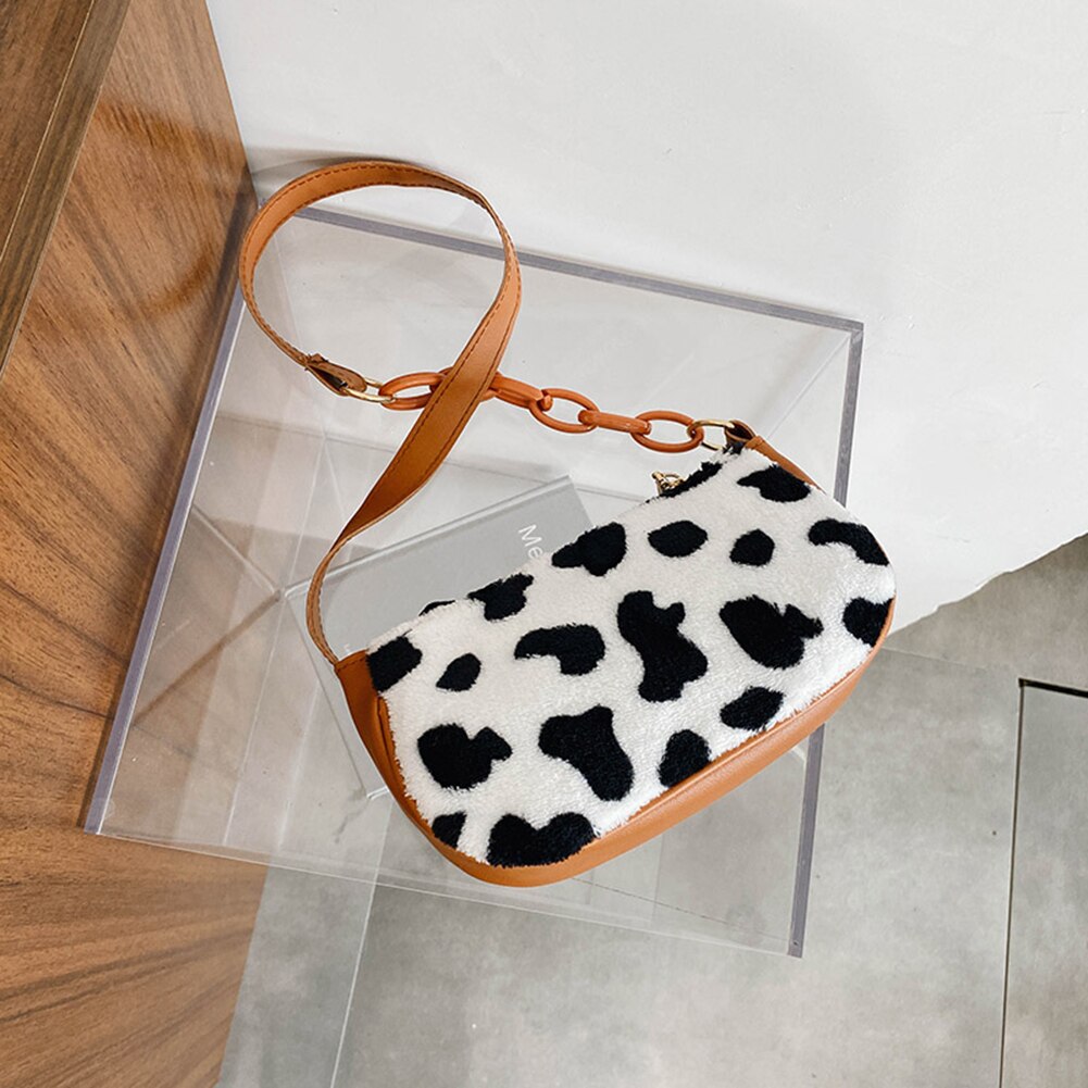 Cow Milk Print Handbag Totes Women Plush PU Leather Chain
