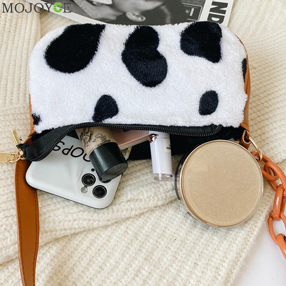 Cow Milk Print Handbag Totes Women Plush PU Leather Chain