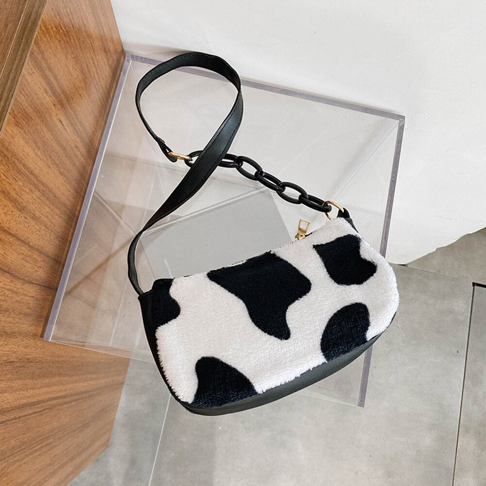 Cow Milk Print Handbag Totes Women Plush PU Leather Chain