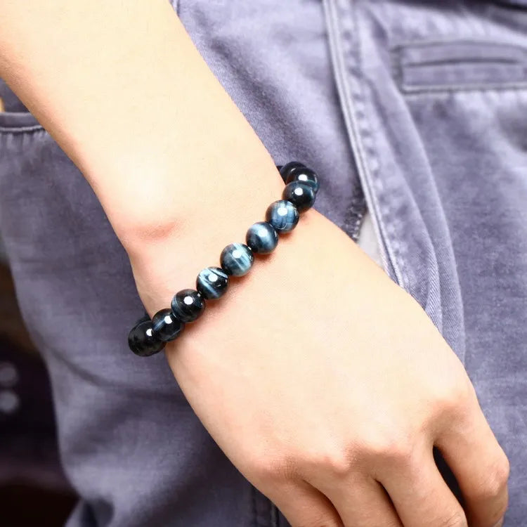 Blue Tiger Eye Buddha Bracelets Natural Stone Round Beads Elasticity Rope Men Women Bracelet