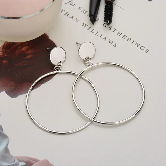 Simple Trendy Gold Sliver Color Geometric Big Round Circle Earrings For Women Fashion Large Hollow Drop Earrings Jewelry