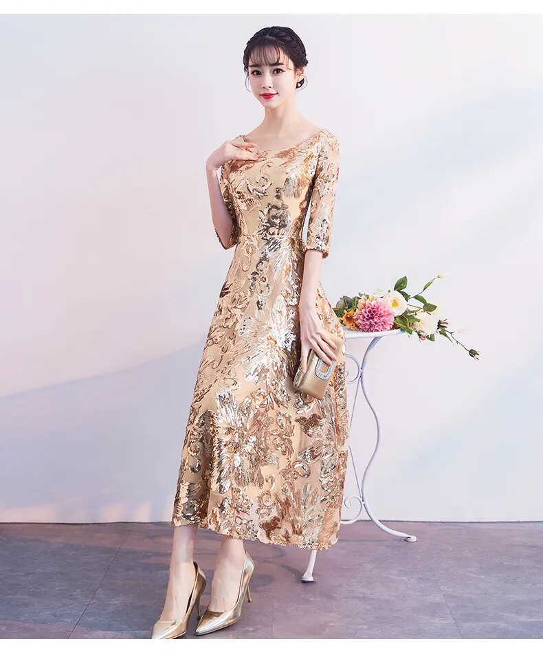 Custom-make Banquet Womens Wedding long Ball Bandage Dress Formal Evening Gold Flower Sequins Mid-Calf Dress