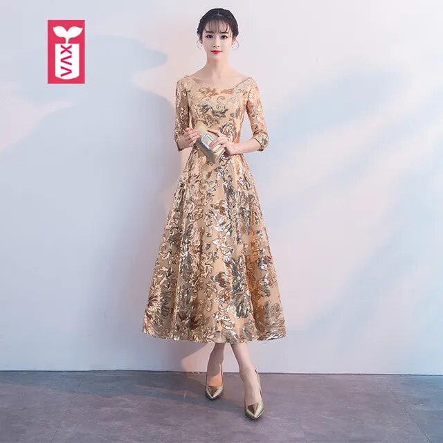Custom-make Banquet Womens Wedding long Ball Bandage Dress Formal Evening Gold Flower Sequins Mid-Calf Dress
