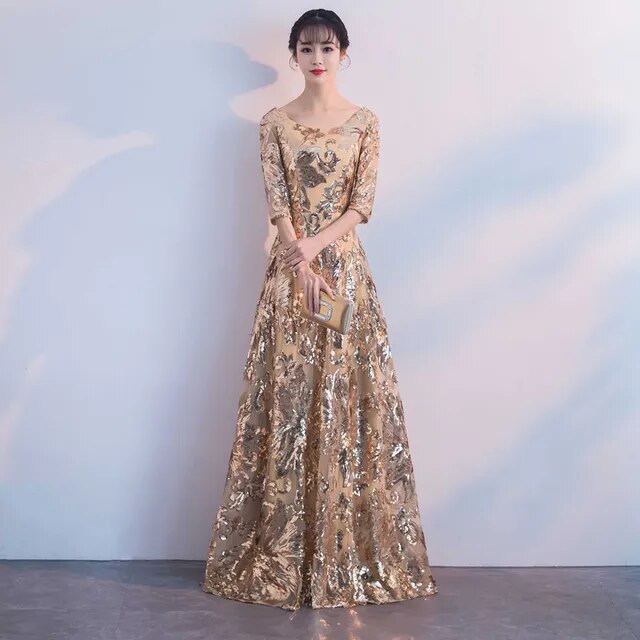 Custom-make Banquet Womens Wedding long Ball Bandage Dress Formal Evening Gold Flower Sequins Mid-Calf Dress