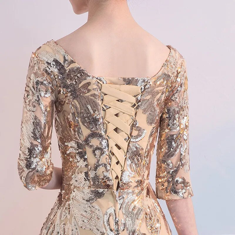 Custom-make Banquet Womens Wedding long Ball Bandage Dress Formal Evening Gold Flower Sequins Mid-Calf Dress