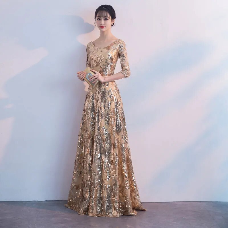 Custom-make Banquet Womens Wedding long Ball Bandage Dress Formal Evening Gold Flower Sequins Mid-Calf Dress